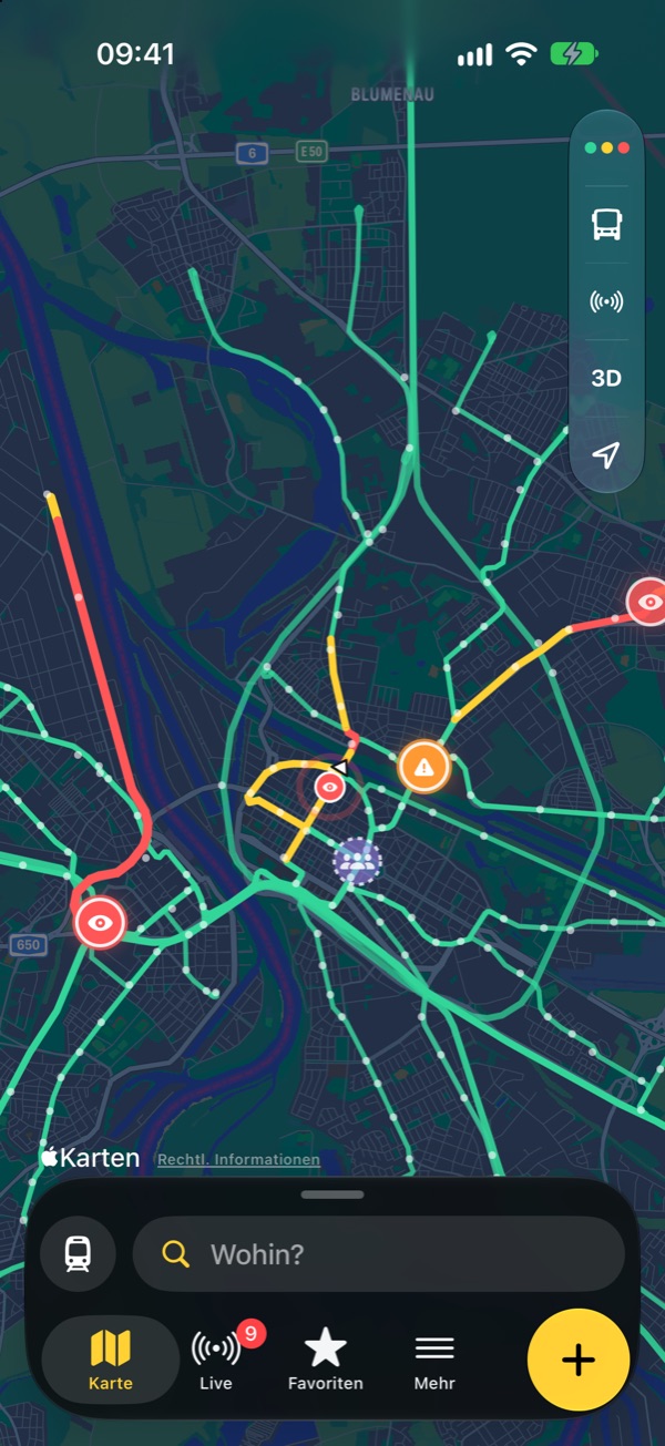 Linienfunk-App: Karte von Mannheim mit Straßenbahnlinien, gemeldeten Kontrollen und einer Störung