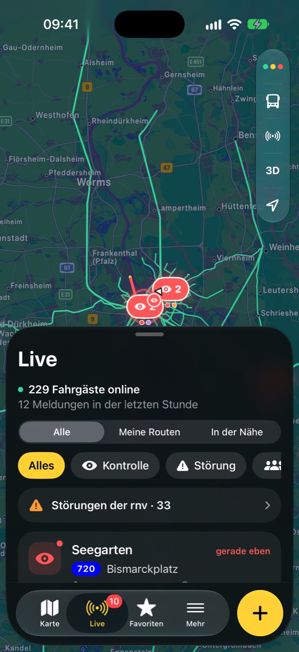 Linienfunk-App: Live-Ansicht mit Fahrgästen online, Störungen der rnv und aktuellen Meldungen